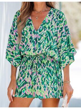 Cupshe Green & Pink Abstract Print Wrap Dress with Tie Waist, Large, NWT